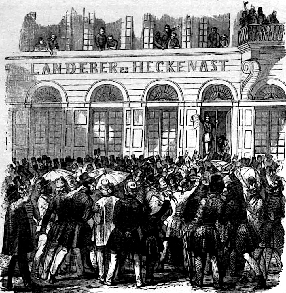 Wikipedia-A kinyomtatott 12 pontot Szepessy Ferenc polgármester és a tanács tagjai aláírták, majd Rottenbiller az ablakon át felmutatta a népnek, ezzel megszületett a szabadsajtó első hivatalos terméke Pesten, 1848. március 15-én. A Vasárnapi Ujság illusztrációja.