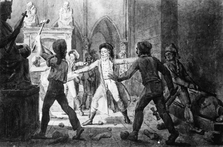 meisterdrucke.uk-Francois Lenoir megakadályozza a királysírok megrongálását a Saint-Denis templomban, 1793-ban. Korabeli tollrajz.