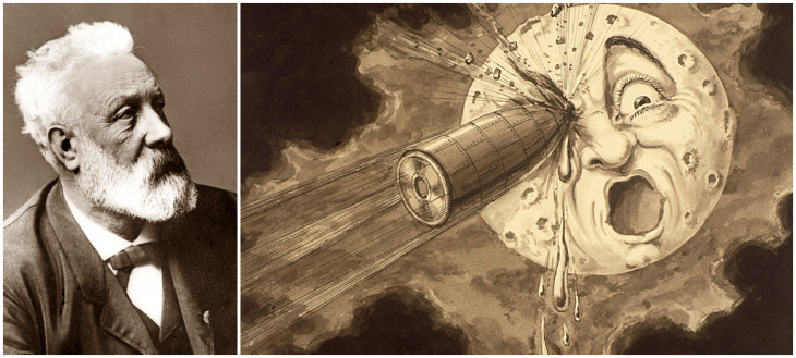 britannica/mafab.hu-Jules Verne és a regényt feldolgozó film egyik animációs jelenete. Utazás a Holdba (1902)